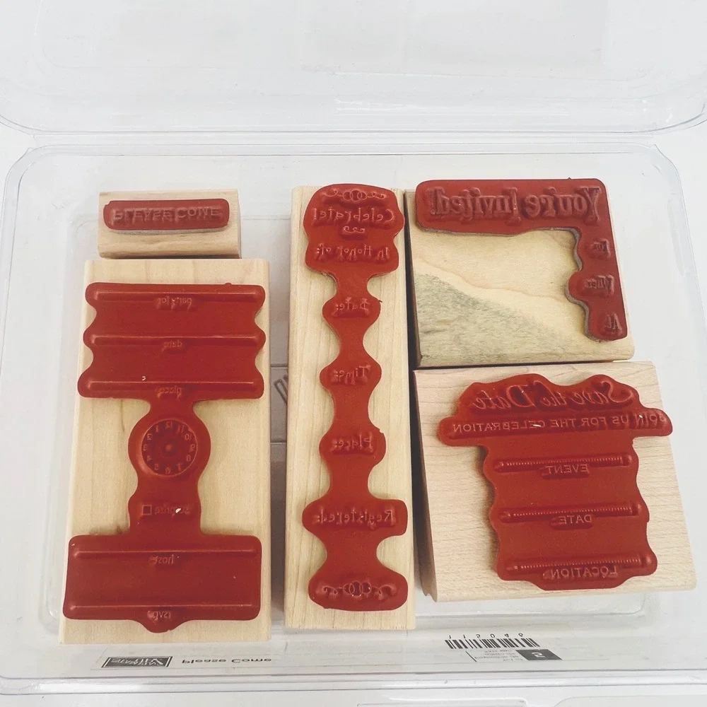 Stampin Up Invitation Rubber Stamp Set 5pc Tan Wood Mounted DIY Party Stationery